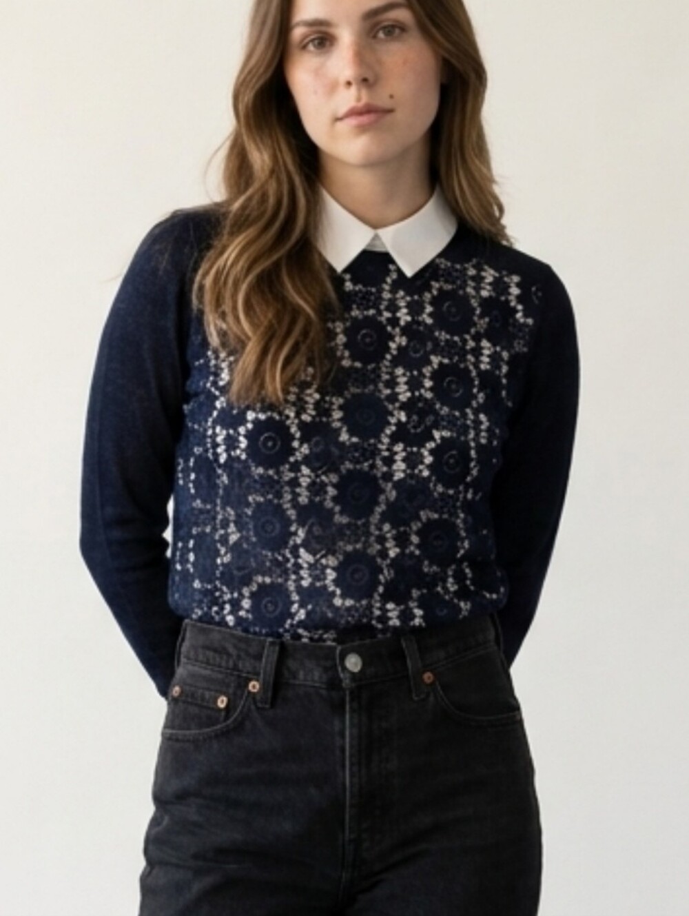 Tory Burch Black & White Lace Preppy Collar Long Sleeve Sweater